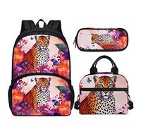 SYtrade 3D Floral Animal Backpack Set Kids Lunch Bag Pencil Case Combo, Leopard Purple, Rucksack Backpacks