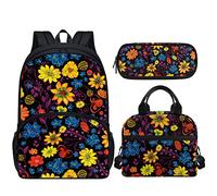 SYtrade 3D Floral Animal Backpack Set Kids Lunch Bag Pencil Case Combo, Rainbow Flowers Black, Rucksack Backpacks