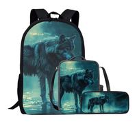 SYtrade Backpack Set for Kids School Book Bags with Lunch Box Pencil Case 3PCS, Cool Wolf Green, M, Rucksack Backpacks