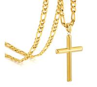 SytsLNKXXX Cross Necklace for Men and Women - Stainless Steel Necklace, 18K Gold Plated, Silver Cross Pendant with 4.5mm Figaro Chain, 18-61cm, Jerewlry Gift with Bag, 22'', Gold, No Gemstone