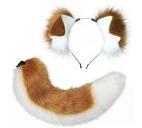 Syutokul Dog Ears & Tail Set Furry Costume Black/White 21.6in Tail Bendable Ear Shape Soft Plush Feel Adjustable Waist Fit for Cosplay, Halloween, Conventions
