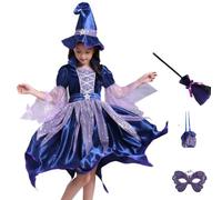 Syutokul Girls Witch Costume, 1 Set Glitter Velvet Witch Costume with Mesh Full Kit Includes Hat, Broom, Mask, Candy Bag & Dress, Skin Friendly for Halloween Cosplay, S