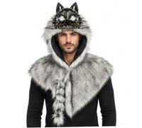 Syutokul Wolf Costume, Realistic Viking Wolf Cosplay Shoulder Cape Realistic Skull Detail Secure Hook Fastening Soft Faux Fur Fits Adults for Halloween, Grey