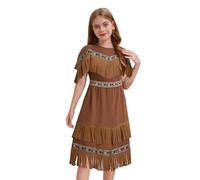 Sywiyi Girls Indian Native American Outfit Short Sleeve Fringed Dress for Halloween Cosplay Theme Party Dark Brown 7-8 Years