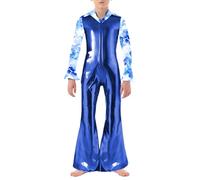Sywiyi Kids Boys Hippie Disco Dude Outfit Shiny Metallic Jumpsuit for Latin Jazz Dance Stage Performance Costume Royal Blue 5-6 Years