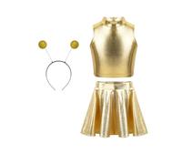 Sywiyi Kids Girls 3pcs Space Alien Outfit Shiny Metallic Crop Top with Mini Skirt and Hair Hood Halloween Fancy Dress Gold 9-10 Years