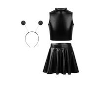 Sywiyi Kids Girls 3pcs Space Alien Outfit Shiny Metallic Crop Top with Mini Skirt and Hair Hood Halloween Fancy Dress Black 9-10 Years