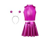 Sywiyi Kids Girls 3pcs Space Alien Outfit Shiny Metallic Crop Top with Mini Skirt and Hair Hood Halloween Fancy Dress Rose Red 9-10 Years