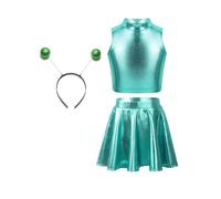 Sywiyi Kids Girls 3pcs Space Alien Outfit Shiny Metallic Crop Top with Mini Skirt and Hair Hood Halloween Fancy Dress Lake Blue 9-10 Years