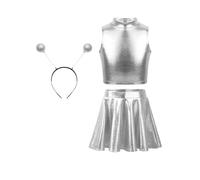 Sywiyi Kids Girls 3pcs Space Alien Outfit Shiny Metallic Crop Top with Mini Skirt and Hair Hood Halloween Fancy Dress Silver 9-10 Years