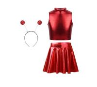 Sywiyi Kids Girls 3pcs Space Alien Outfit Shiny Metallic Crop Top with Mini Skirt and Hair Hood Halloween Fancy Dress Red 9-10 Years