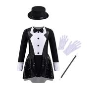 Sywiyi Kids Girls 4Pcs Magic Show Costume Set Bow Tie Leotard Matching Hat Wand Gloves Masquerade Wear Black 11-12 Years