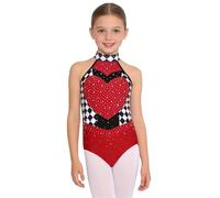 Sywiyi Kids Girls Heart Queen Costume Rhinestones Chessboard Patchwork Gymnastic Ballet Dance Leotard Red 9-10 Years
