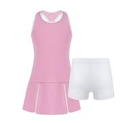 Sywiyi Kids Girls Pleated Tennis Golf Dress Workout Outfits Solid Color Tank Top and Skirt with Built in Shorts Sets Pink 9-10 Years
