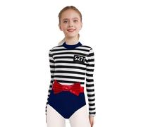 Sywiyi Kids Prisoner Costume Long Sleeve Striped Leotard for Halloween Carnival Theme Party Navy Blue 5-6 Years