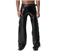Sywiyi Men Faux Leather Western Chaps Fringed Cutout Sides Zipper Tassels Motorcycle Cowboy Chap Pants Black M