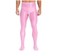 Sywiyi Men Glossy Shiny Silky Footed Pantyhose Stockings Sexy Tights Footed Leggings with Sheath Pouch Pink One Size