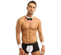 Sywiyi Men's 4 PCS Bow Tie Collar Boxer Briefs Tuxedo Costume Gentleman Outfits Lingerie Sets Black&White M