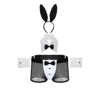 Sywiyi Mens Bunny Costume Set Sexy Nightclub Tuxedo G-String with Bow Tie Collar Waiter Cosplay Suit Boxer Briefs Black L