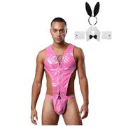 Sywiyi Mens Drag Queen Sissy Bunny Costume Hollow Out Bodysuit with Rabbit Ears Collar Bowtie Cuffs Hot Pink XXL