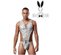 Sywiyi Mens Drag Queen Sissy Bunny Costume Hollow Out Bodysuit with Rabbit Ears Collar Bowtie Cuffs Silver XL