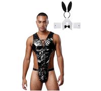 Sywiyi Mens Drag Queen Sissy Bunny Costume Hollow Out Bodysuit with Rabbit Ears Collar Bowtie Cuffs Black XL