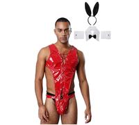 Sywiyi Mens Drag Queen Sissy Bunny Costume Hollow Out Bodysuit with Rabbit Ears Collar Bowtie Cuffs Red XXL