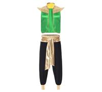 Sywiyi Men's Fly Sleeve Arab Prince Vest Set Metallic Shiny Sash Long Pants for Magical Lamp Cosplay Green Black XXL