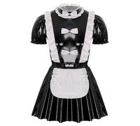 Sywiyi Mens Patent Leather French Maid Uniform Crossdressing Sissy Lingerie Fancy Dress Outfits Bow Black A XXL