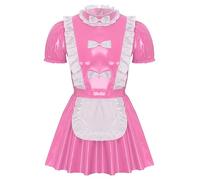 Sywiyi Mens Patent Leather French Maid Uniform Crossdressing Sissy Lingerie Fancy Dress Outfits Bow Pink A XXL
