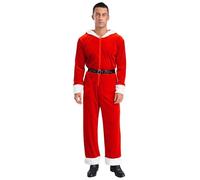Sywiyi Mens Santa Hooded Jumpsuit Costume Christmas Wide Leg with Pointed Hood Belt & White Trim Red XXL