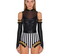 Sywiyi Women's Circus Ringmaster Leotard Sequined Striped Patchwork Ruffled Trim with Gloves Black L