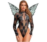 Sywiyi Womens Fishnet Bodysuit & Wings Long Sleeve Backless Leotard Jumpsuit + Shiny Butterfly Set Black One Size