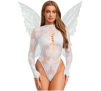 Sywiyi Womens Fishnet Bodysuit & Wings Long Sleeve Backless Leotard Jumpsuit + Shiny Butterfly Set White One Size