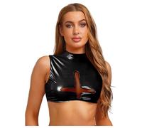 Sywiyi Womens Glossy PU Cropped Tank Mock Neck Mesh Cross Halloween Naughty Nun Cosplay Costumes Black L