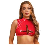 Sywiyi Womens Glossy PU Cropped Tank Mock Neck Mesh Cross Halloween Naughty Nun Cosplay Costumes Red S