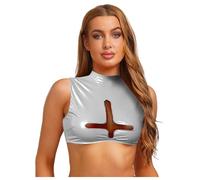 Sywiyi Womens Glossy PU Cropped Tank Mock Neck Mesh Cross Halloween Naughty Nun Cosplay Costumes Silver XL