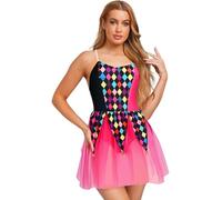 Sywiyi Women's Halloween Clown Costume Sling Dress with Argyle Patchwork and Tulle Skirt for Parties Hot Pink 3XL