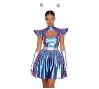 Sywiyi Women's Metallic Shiny Cosplay Dress Alien Astronaut Cutout Neck with Gloves Hair Loop Halloween Blue L