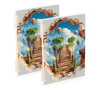 SyXIOP A5 size 3d Optical Illusion Wooden Bridge Island notebook wide ruled 8.3" x 5.7", sturdy subject spiral notebook wide 60 sheets for planner&business 2 pack