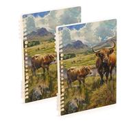 SyXIOP A5 size Highland Cattle Grass notebook spiral 8.3" x 5.7", wire-bound subject college ruled spiral 60 sheets for school&office 2 pack