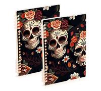 SyXIOP A5 size Skull Happy Halloween Couple Daisy Black Vintage Pattern bound notebook 8.3" x 5.7", sturdy spiral notebooks wide ruled 60 sheets for school&office 2 pack