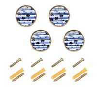 SyXIOP Black Flowers Royal Blue Striped Cabinet Pulls and Knobs Decorative Knob 1.26 Inch (32mm) for Vestibule 4 Pack