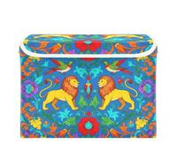 SyXIOP Boho Birds Lion Blue Yellow foldable 40 L storage bins with lids with handles heavy duty containers for toys Christmas for Home Office Organization 42x32x30cm