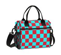 SyXIOP Buffalo Plaid Check Cyan Red Large Lunch Box Bag with Shoulder Strap Lunch Bags for Teen for Kindergarten luncheras para Hombres