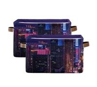 SyXIOP Bustling Building City Night Scene storage baskets, foldable and waterproof serviceable fabric cube storage baskets bins with sturdy handle tub rope for laundry room nursery 2 pack