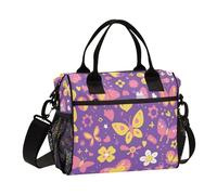 SyXIOP Butterfly Purple Golden Cartoon Portable Office Lunch Box with Shoulder Strap Big Lunch Bags for Women for Picnic lonchera para Mujer