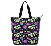 SyXIOP Children's Book Tote Bag for Book Lovers, Back To The 80's Neon Retro Seamless Pattern 600D Oxford fabric Reusable Grocery Bag with Zipper for School Shopping Beach bolso para libros