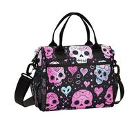SyXIOP Cute Halloween Floral Skull Heart Pink Portable Lunch Bag Heavy Duty with Shoulder Strap Lunch Bag for Teen for College lonchera de Mujer para el Trabajo
