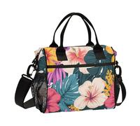 SyXIOP Hawaiian Style Tropical Flowers Palm Leaves Colorful Adjustable Cooler Tote with Shoulder Strap Lunch Box for Work for Gym lonchera para Adulto Mujer